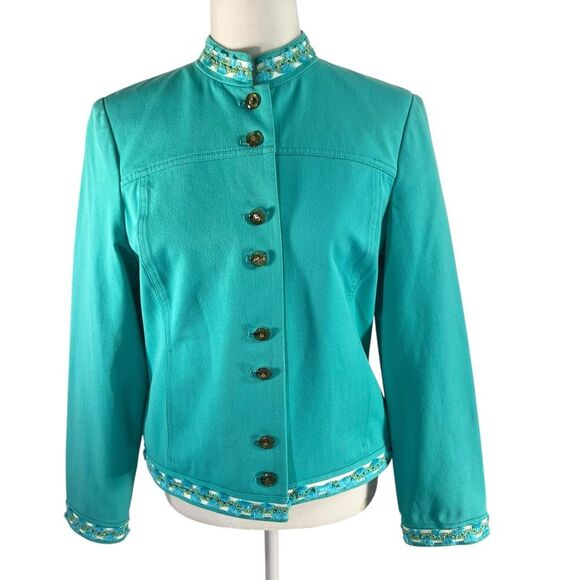 St. John Jackets & Blazers - St. John's Sport Cotton Blend Teal Blue Button Up Jacket Embellished Detail Smal